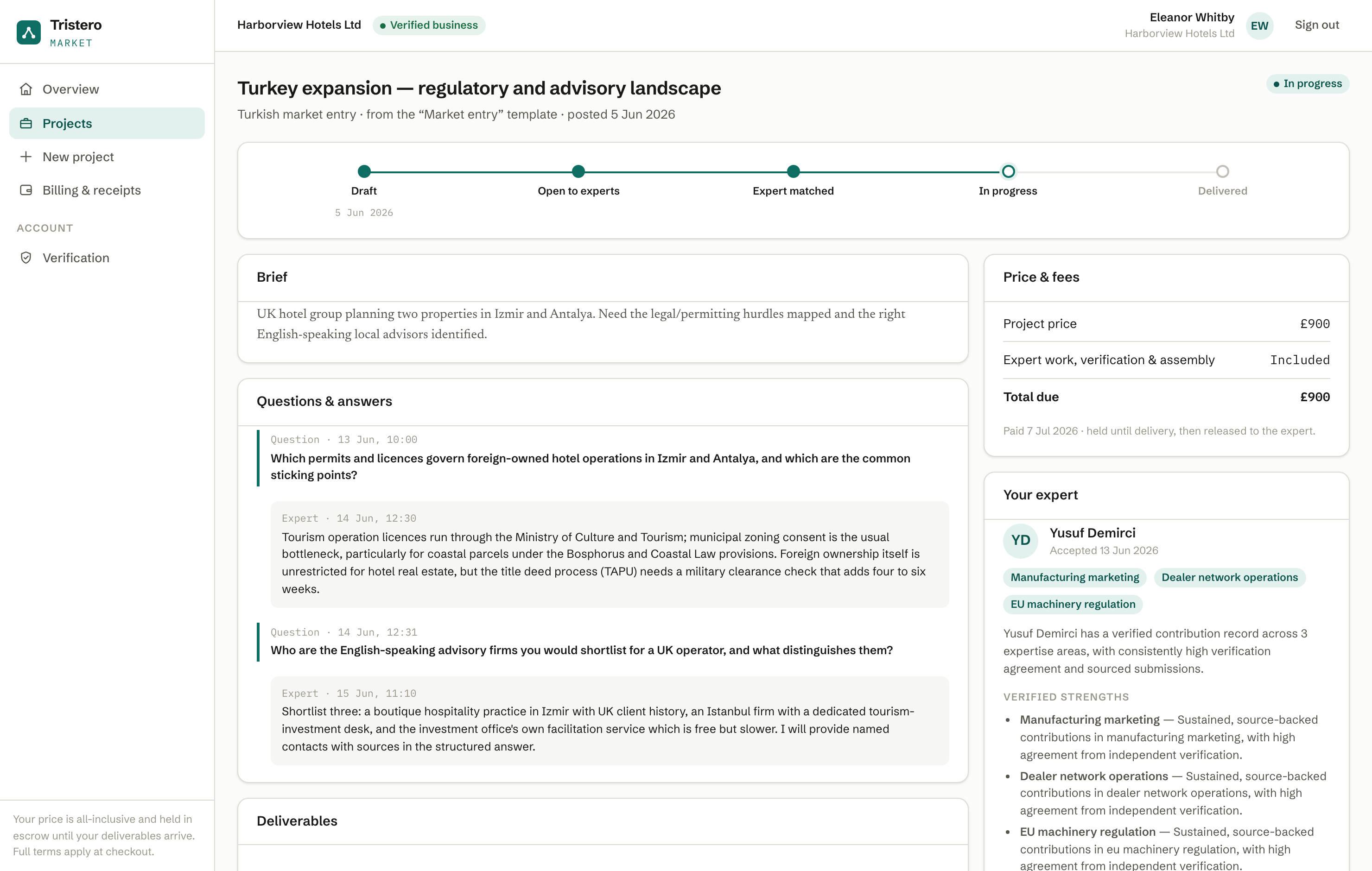 A live Market project: status timeline and the question-and-answer thread between the platform and the matched expert