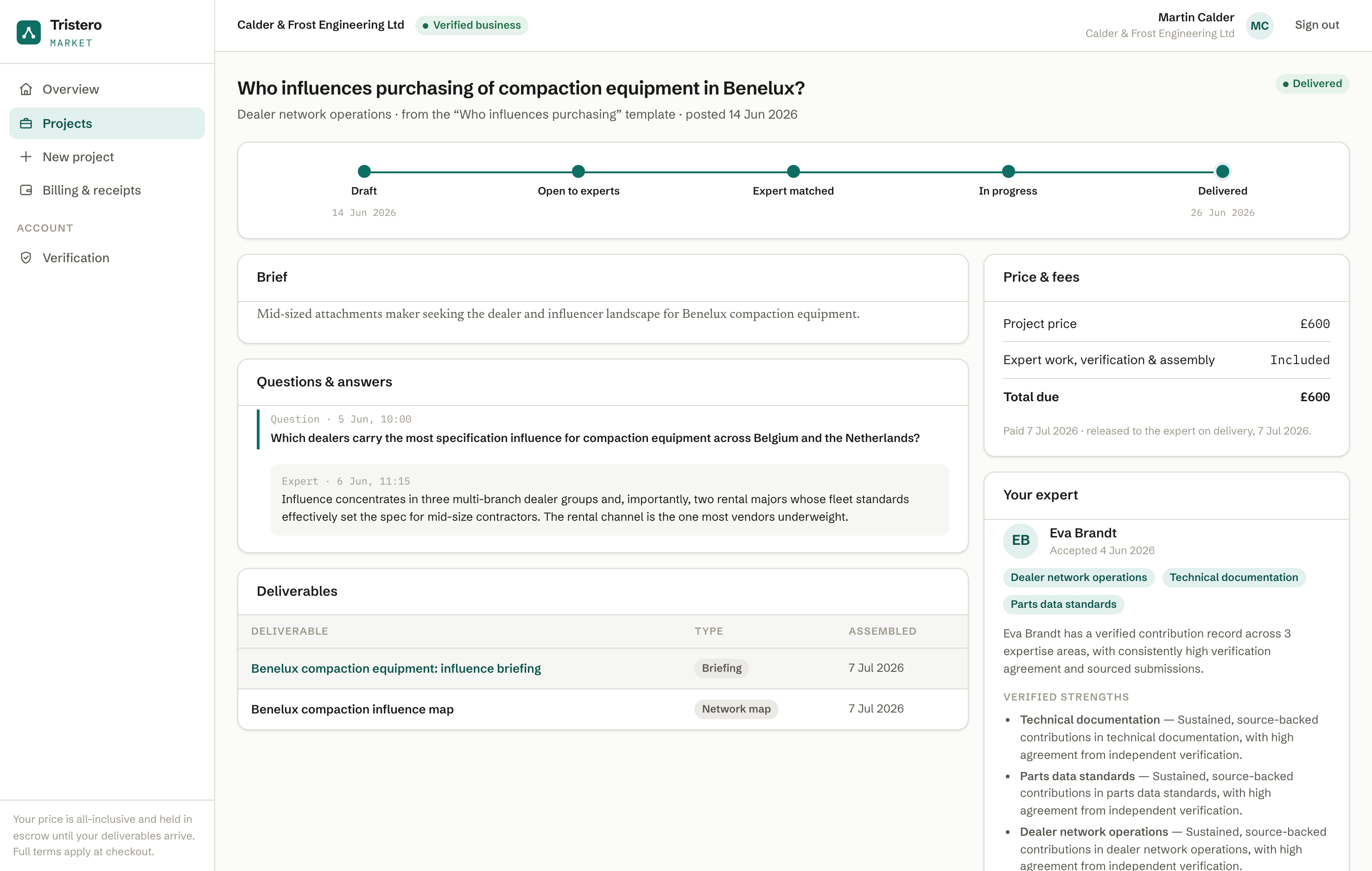 A project workspace in Tristero Market: the brief, the matched expert, escrow status and finished deliverables in one place